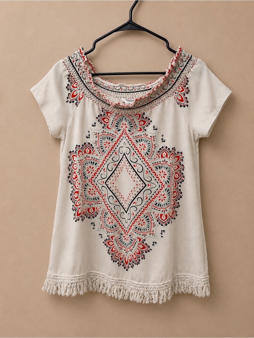 Tantrums Ivory Boho Embroidered Short-Sleeve Tunic with Red and Black Accents